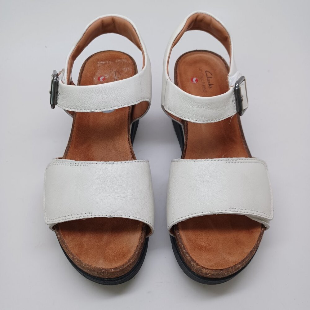 Clarks Unstructured Sandals White Cork Wedge Adjustable Two Strap Womens 7 - Picture 3 of 16